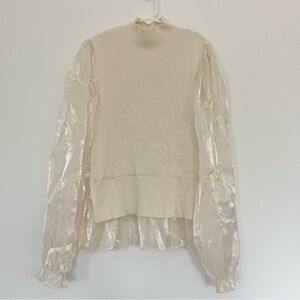 Alice Blue Cream Ribbed Sweater Sheer Sleeves w Embroidered Flowers Mock Neck S